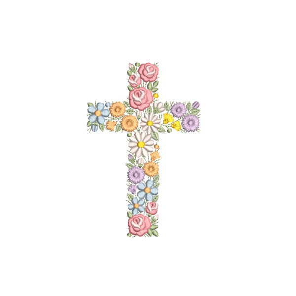 Floral cross machine embroidery design 6"/150mm Baptism Easter Ostern Kreuz Stickdatei Broderie Croix de fleurs Pâques Ricamo croce di fiori