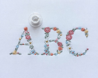 Machine embroidery Alphabet Small Letters with flowers  1.68 " / 43 mm tall UPPERCASE ONLY Floral monogram heirloom embroidery font