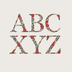 Machine embroidery Christmas UPPERCASE ALPHABET Yule holly pine cone poinsettia Monogram Broderie Noël Weihnachten Stickdatei Ricamo Natale
