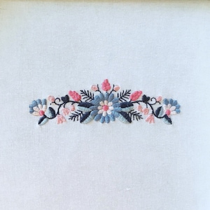 May include: A delicate embroidered design featuring a cluster of blue and pink flowers with green leaves on a white fabric background.