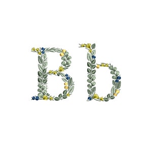 Diseño de bordado a máquina letra B pequeña mayúscula y minúscula monograma motivo botánico Letras con hojas Matriz iniciales
