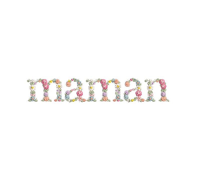 May include: The word "maman" spelled out in colorful flowers. The letters are formed with a variety of blooms in shades of pink, yellow, and white, with green foliage. The background is plain white.