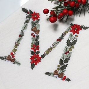 Machine embroidery Christmas Letter M  Festive Monogram Broderie Noël Weihnachten Stickdatei Ricamo Natale Poinsettia Pinecone Holly