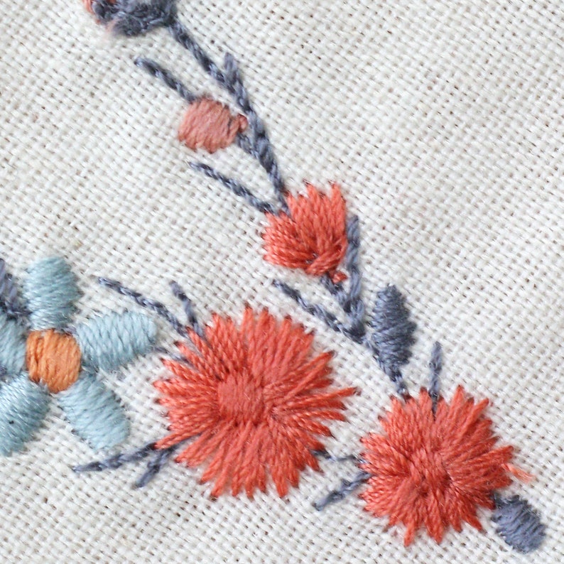 Pode incluir: Close-up de um tecido bordado com um desenho floral. As flores s&atilde;o vermelhas, laranja e azuis, e os caules s&atilde;o cinzentos.
