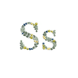 Maschinenstickdatei Kleinbuchstabe S mit Blättern Zierliches botanisches Monogramm Buchstaben Stickdatei Ricamo lettera Foglie Broderie feuilles
