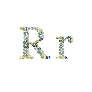 Desenho de bordado à máquina Letra pequena R com folhas Monograma botânico delicado Buchstaben Stickdatei Ricamo lettera foglie Broderie feuilles