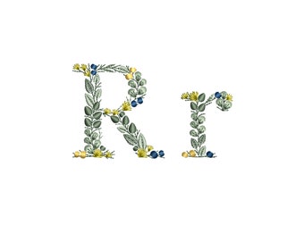 Machine embroidery design Small letter R with leaves Dainty botanical monogram Buchstaben Stickdatei Ricamo lettera foglie Broderie feuilles