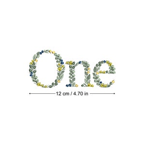 Desenho de bordado à máquina "One" em letras botânicas 12 cm/4,7" Folhas delicadas Heirloom Stickdatei Broderie machine Ricamo macchina bordado