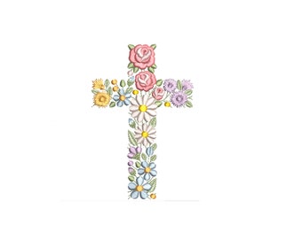 Floral cross machine embroidery design 5"/125mm Baptism Easter Ostern Kreuz Stickdatei Broderie Croix de fleurs Pâques Ricamo croce di fiori