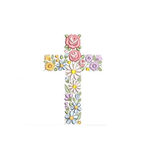 Floral cross machine embroidery design 5"/125mm Baptism Easter Ostern Kreuz Stickdatei Broderie Croix de fleurs Pâques Ricamo croce di fiori