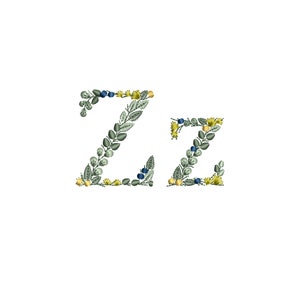 Diseño de bordado a máquina letra Z pequeña mayúscula y minúscula monograma motivo botánico Letras con hojas Matriz iniciales