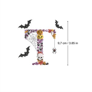 Machine embroidery Halloween Letter T bats and skulls 4x4 hoop botanical Autumn Spooky Fall pumpkin candle Ricamo Broderie Stickdatei