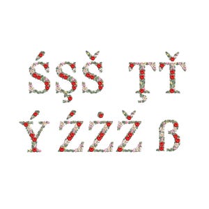 Puede incluir: Un alfabeto floral con letras formadas por bayas rojas y hojas verdes. Las letras incluyen S, T, Y y Z.