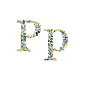 Maschinenstickdatei Kleiner Buchstabe P mit Blättern Zierliches botanisches Monogramm Buchstaben Stickdatei Ricamo lettera Foglie Broderie feuilles