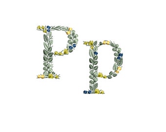 Machine embroidery design Small letter P with leaves Dainty botanical monogram Buchstaben Stickdatei Ricamo lettera foglie Broderie feuilles