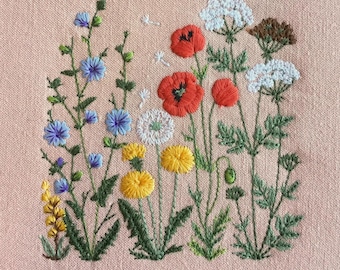 Machineborduurwerk 4" rand wilde bloemen 10 cm klaproos cichorei paardebloem hemlockspar Chicoree Mohnblumen Schafgarbe Stickdatei Broderie achillée
