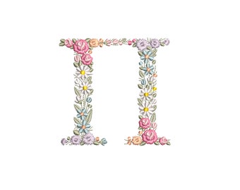Può includere: La lettera "II" è formata da un disegno floreale con fiori rosa, bianchi, blu e gialli. I fiori sono ricamati in stile vintage.
