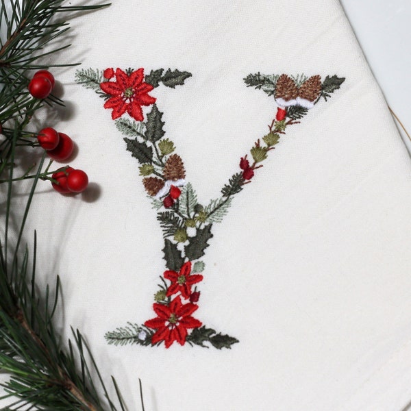 Machine embroidery Christmas Letter Y 4x4 hoop Xmas Festive Monogram Broderie Noël Weihnachten Stickdatei Ricamo Natale Poinsettia Pine cone