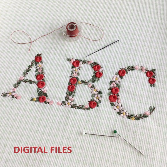 Machine embroidery Apple Alphabet and blossoms 2"/5 cm tall UPPERCASE floral heirloom monogram Teachers Day Back to school Apfel Stickdatei