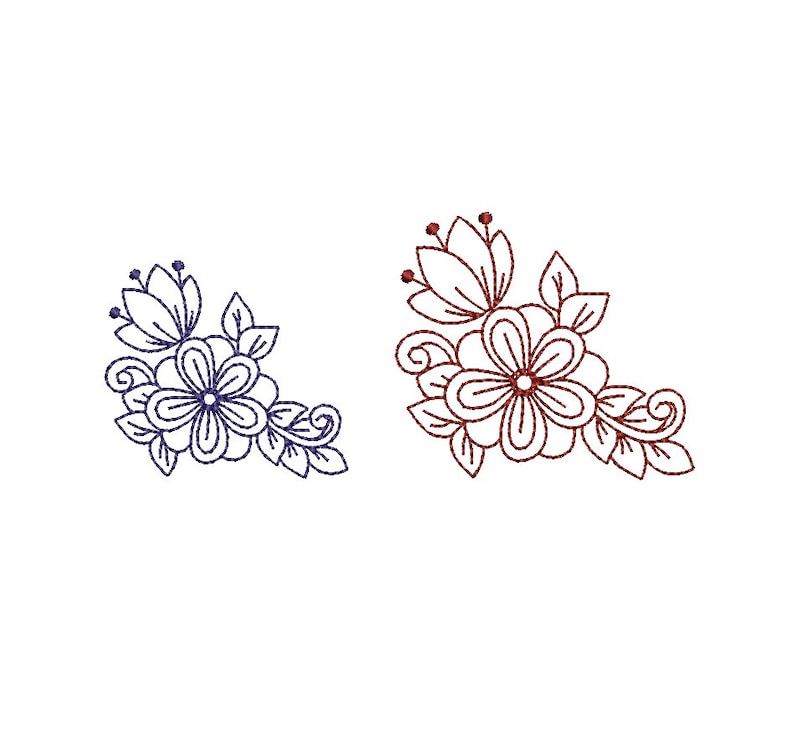 Redwork Flowers Machine Embroidery Design. Floral Linework Etsy