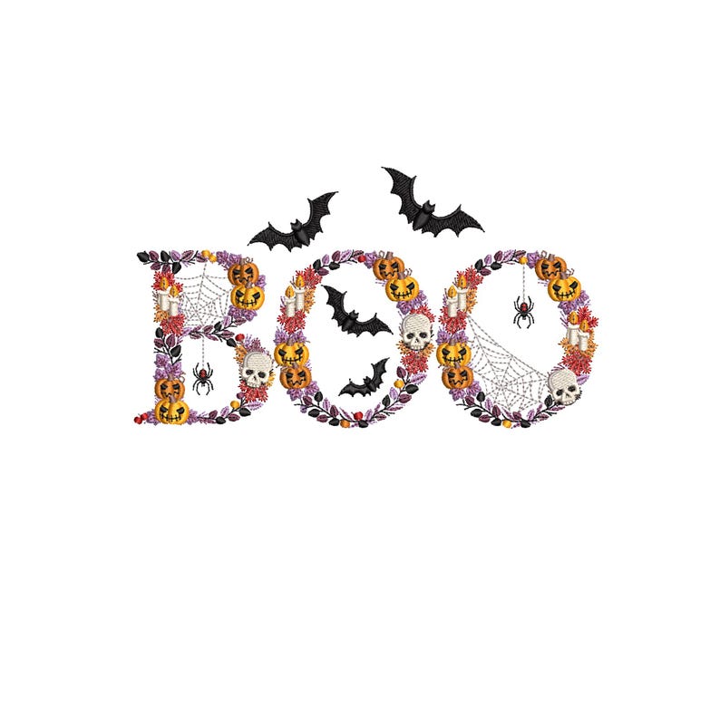 May include: A Halloween-themed embroidery design featuring the word "BOO" spelled out in a wreath of purple flowers, orange pumpkins, black bats, and spiders.
