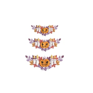 Pode incluir: Três desenhos de bordado com tema de Halloween. Cada desenho apresenta uma abóbora laranja esculpida com um rosto sinistro, rodeada por velas brancas com chamas amarelas e folhas de outono coloridas.