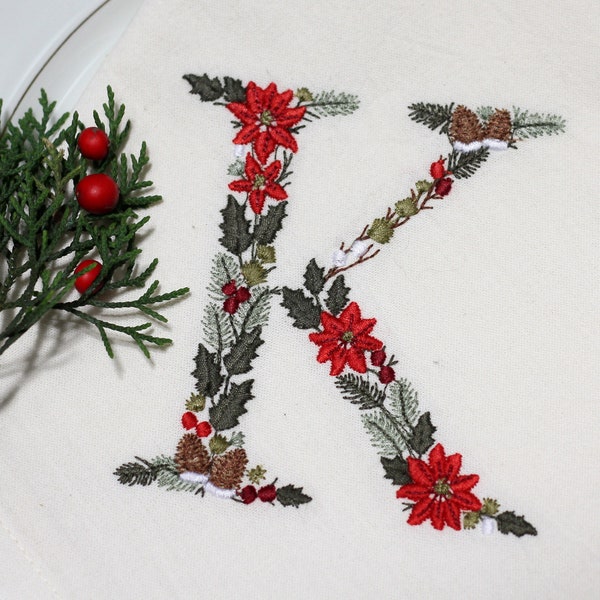 Machine embroidery Christmas Letter K 4x4 hoop Festive Monogram Broderie Noël Weihnachten Stickdatei Ricamo Natale Poinsettia Pinecone Holly