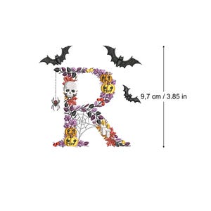 Machine embroidery Halloween Letter R bats and skulls 4x4 hoop botanical Autumn Spooky Fall pumpkin candle Ricamo Broderie Stickdatei