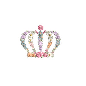 May include: A floral crown made of embroidered flowers in shades of pink, blue, yellow, and white.