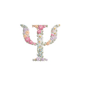 Diseño de bordado a máquina letra Ψ Psi  10 cm de alto  monograma floral Letra Griega flores matriz de bordado