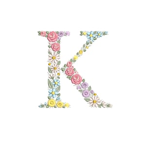 Diseño de bordado a máquina letra K 15 cm de alto Bordado digital monograma floral Letra de flores matriz de bordadopara bastidor 20x20 cm