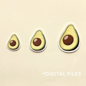 May include: Three embroidered iron-on patches in the shape of avocados. The patches are different sizes and feature a green avocado with a brown pit.