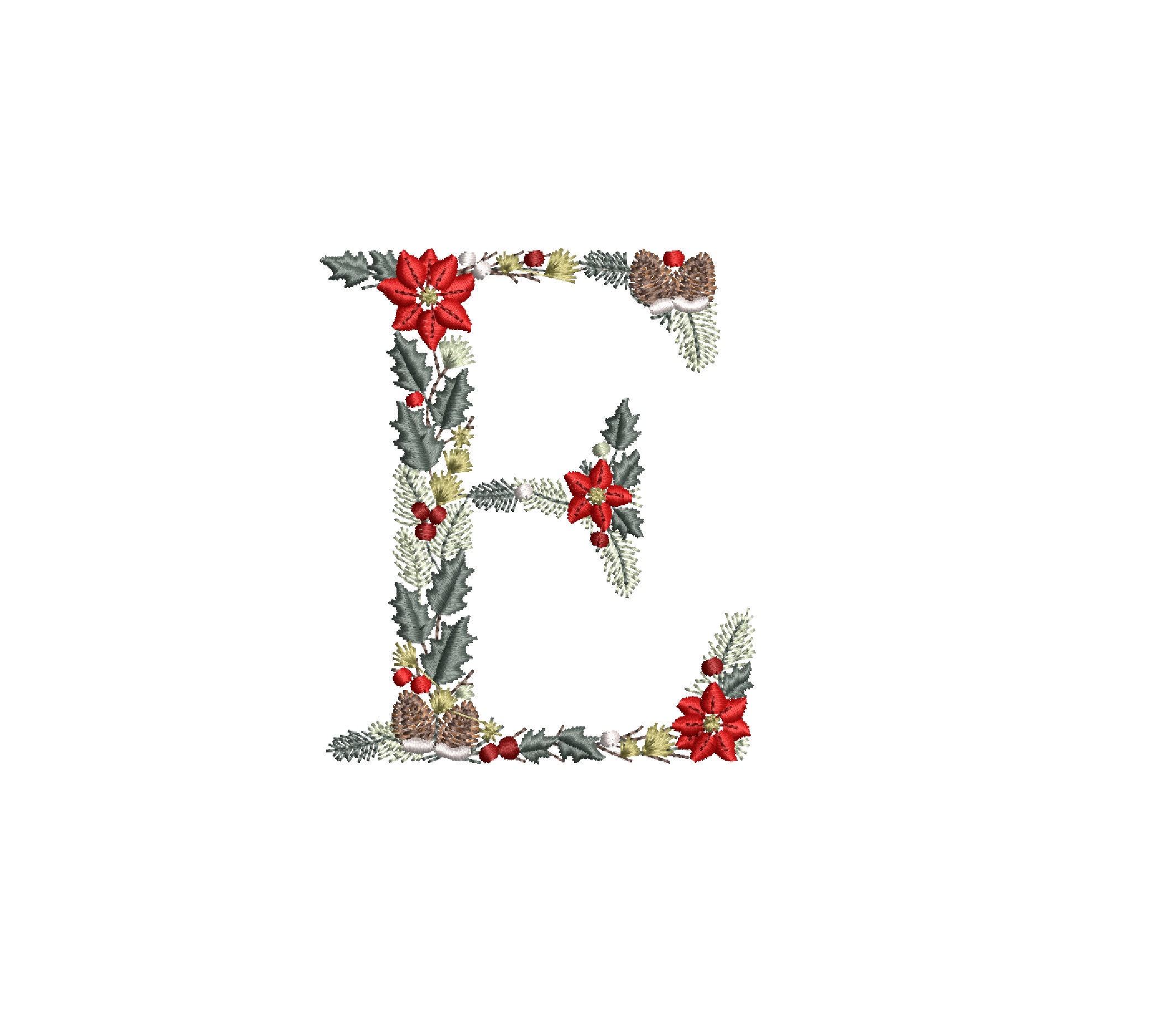 Machine embroidery Christmas Letter E 4x4 hoop Xmas Festive Monogram Broderie Noël Weihnachten Stickdatei Ricamo Natale Poinsettia Pine cone