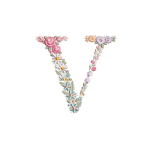 Machine embroidery LETTER V Uppercase 10cm /4" tall dainty floral font Heirloom  Monogram  Broderie machine-Stickdatei-Ricamo macchina