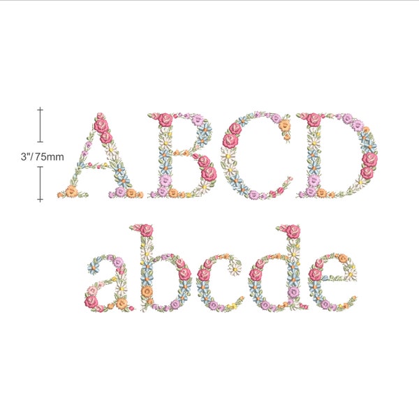 Motif de broderie machine Alphabet floral 3"/75 mm majuscules et minuscules fleurs monogramme héritage Buchstaben Stickdatei Ricamo alfabeto