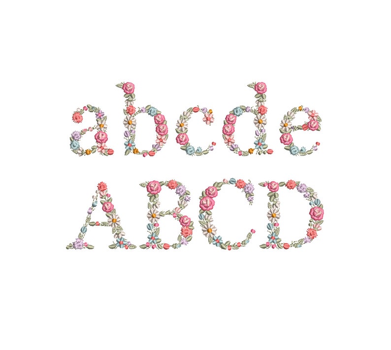 Floral Alphabet machine embroidery design Small Letters with flowers 1.68 in / 43 mm tall UPPERCASE and LOWERCASE Flower monogram heirloom 画像 1