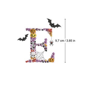 Machine embroidery Halloween Letter E bats and skulls 4x4 hoop botanical Autumn Spooky Fall pumpkin candle Ricamo Broderie Stickdatei
