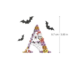 Machine embroidery Halloween Letter A bats and skulls 4x4 hoop botanical Autumn Spooky Fall pumpkin candle Ricamo Broderie Stickdatei