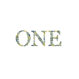 Desenho de bordado à máquina "ONE" em letras botânicas 15 cm/6" Folhas delicadas Heirloom Stickdatei Broderie machine Ricamo macchina bordado