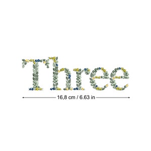 Desenho de bordado à máquina "Três" em letras botânicas 17 cm/6,6" Folhas delicadas Heirloom Stickdatei Broderie machine Ricamo macchina bordado