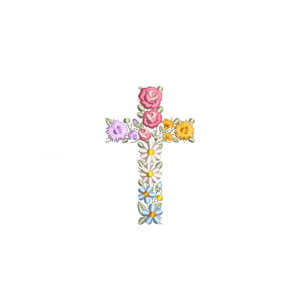 Floral cross machine embroidery design 3"/75mm Baptism Easter Ostern Kreuz Stickdatei Broderie Croix de fleurs Pâques Ricamo croce di fiori