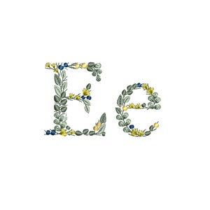 Diseño de bordado a máquina letra E pequeña mayúscula y minúscula monograma motivo botánico Letras con hojas Matriz iniciales