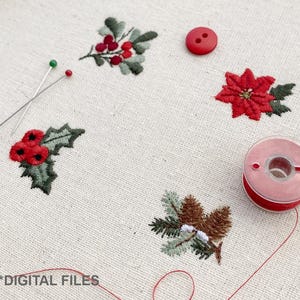 Mini Bordados a máquina Navideños set de matrices 2,5 cm bordado digital Navidad Año Nuevo Invierno - acebo muérdago poinsettia piñas pino