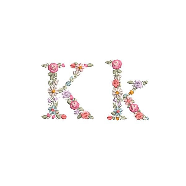 Machine embroidery design SMALL floral letter K upper and lowercase Dainty flower font heiloom monogram Stickdatei Ricamo Broderie machine