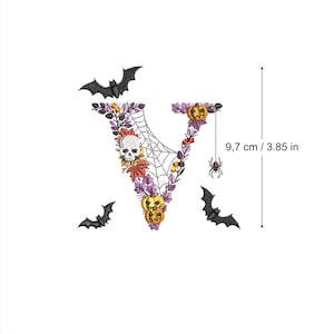 Machine embroidery Halloween Letter V bats and skulls 4x4 hoop botanical Autumn Spooky Fall pumpkin candle Ricamo Broderie Stickdatei