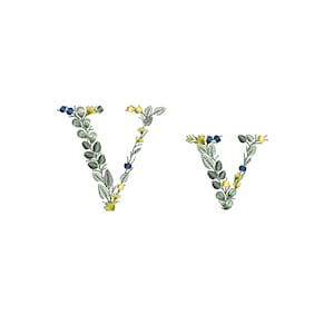 Maschinenstickdatei Kleiner Buchstabe V mit Blättern Zierliches botanisches Monogramm Buchstaben Stickdatei Ricamo letteranebel Broderie feuilles