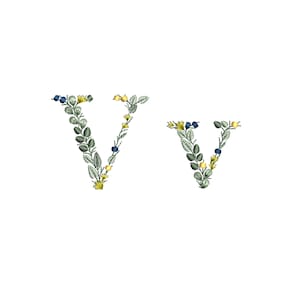 Machine embroidery design Small letter V with leaves Dainty botanical monogram Buchstaben Stickdatei Ricamo lettera foglie Broderie feuilles