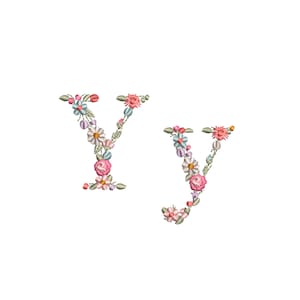 May include: The letter Y is formed with a floral design. The letter is made up of pink, blue, and white flowers with green leaves.
