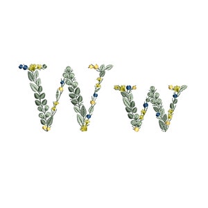 Maschinenstickdatei Kleiner Buchstabe W mit Blättern Zierliches botanisches Monogramm Buchstaben Stickdatei Ricamo lettera Foglie Broderie feuilles