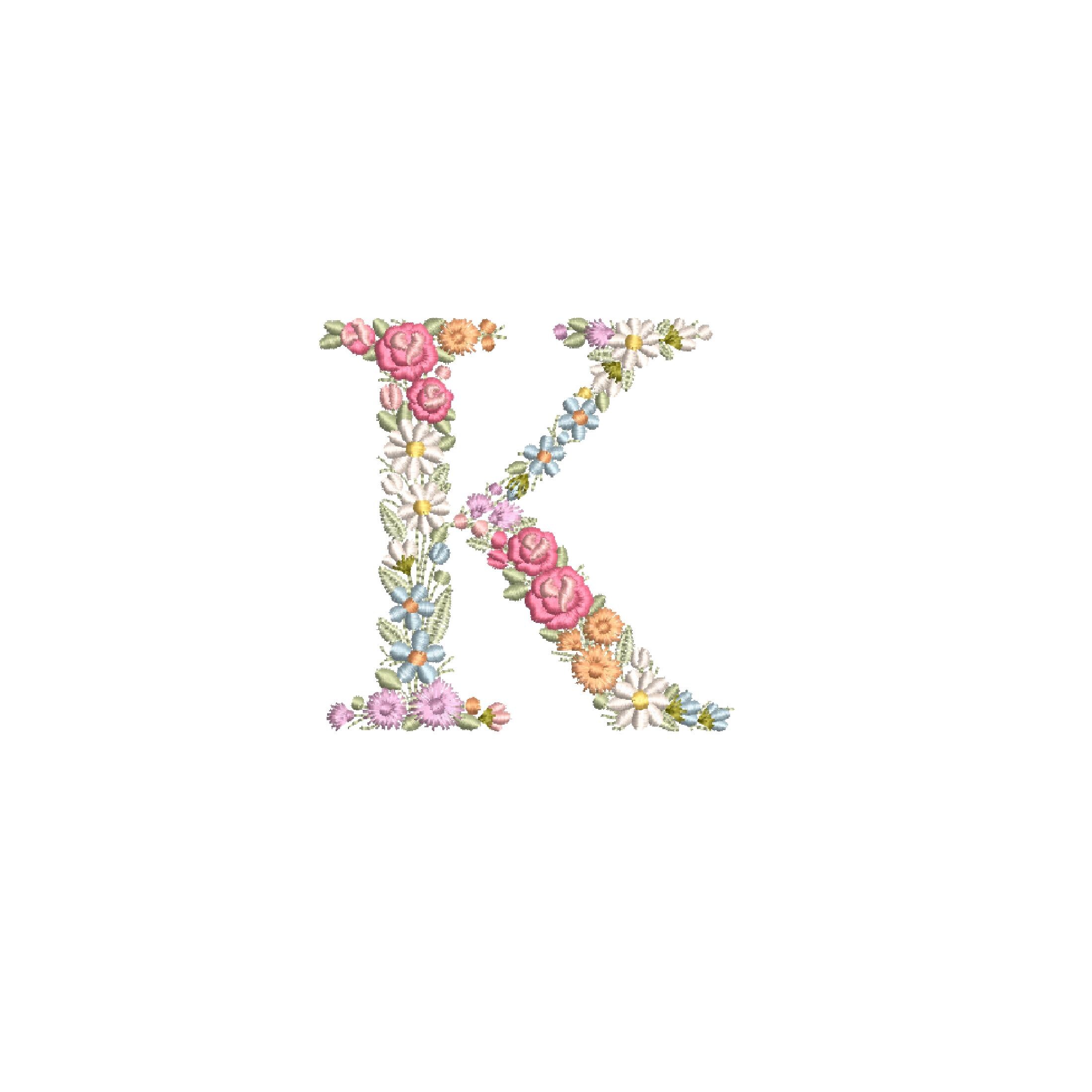機械刺繍 文字 K 大文字 高さ 9.7 cm  3.85 インチ 優美な花柄フォント 家宝モノグラム Broderie  machine-Stickdatei-Ricamo macchina